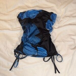 Black and Blue Floral Tropical Drawstring Tube Top